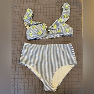 Seersucker high waisted bikini 
Yellow flower embroidery on top